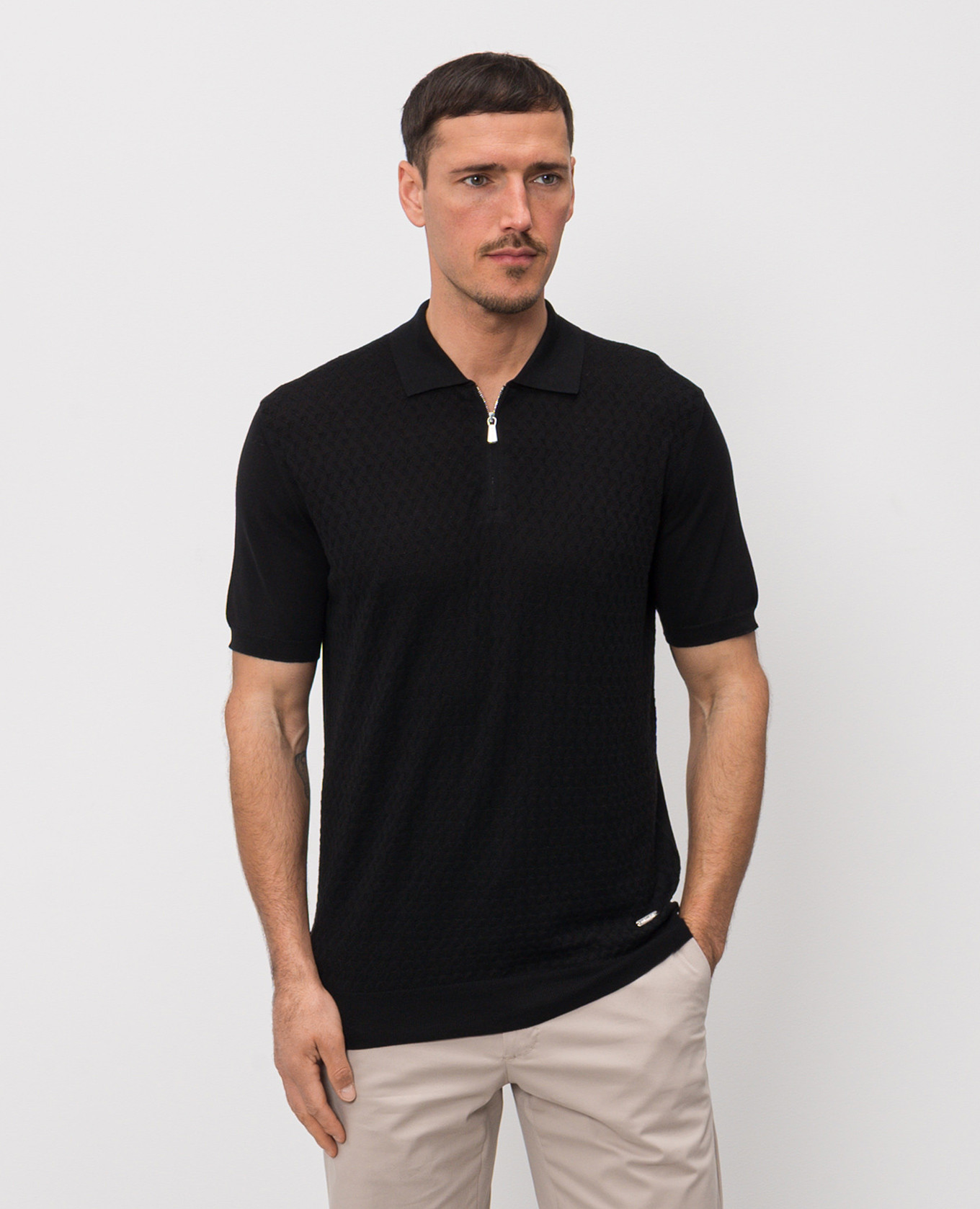 

Black silk polo with geometric pattern Enrico Mandelli