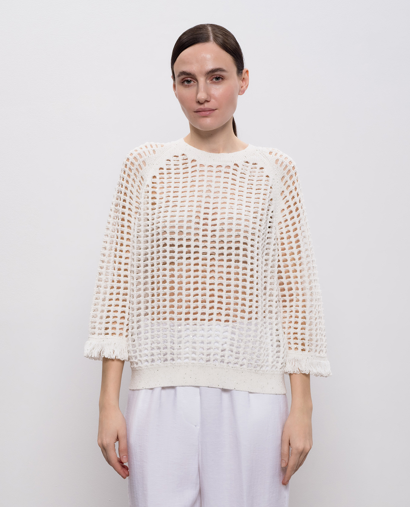 White openwork jumper with sequins and fringe Peserico 3
