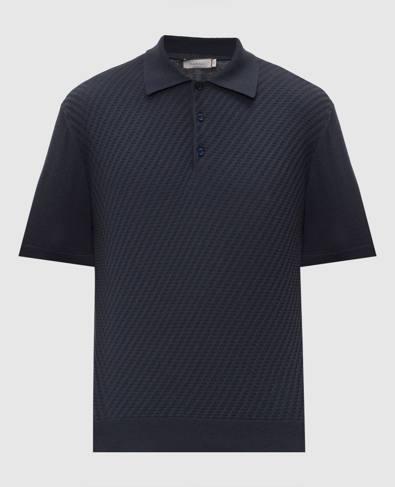 Blue polo shirt with silk in woven pattern