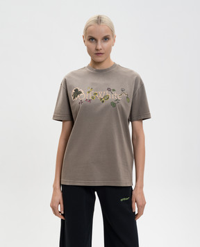 Off-White Brown T-shirt with Bookish Leaves print 2AA089S26JER003