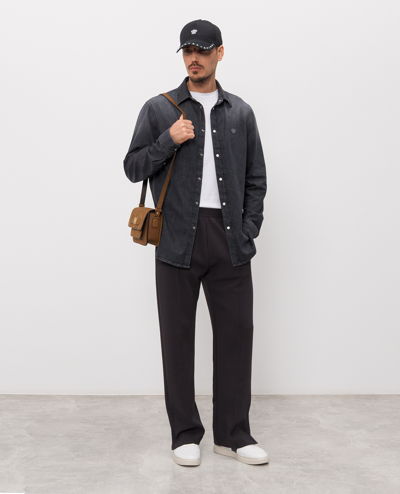 Black denim shirt with logo patch Versace 2