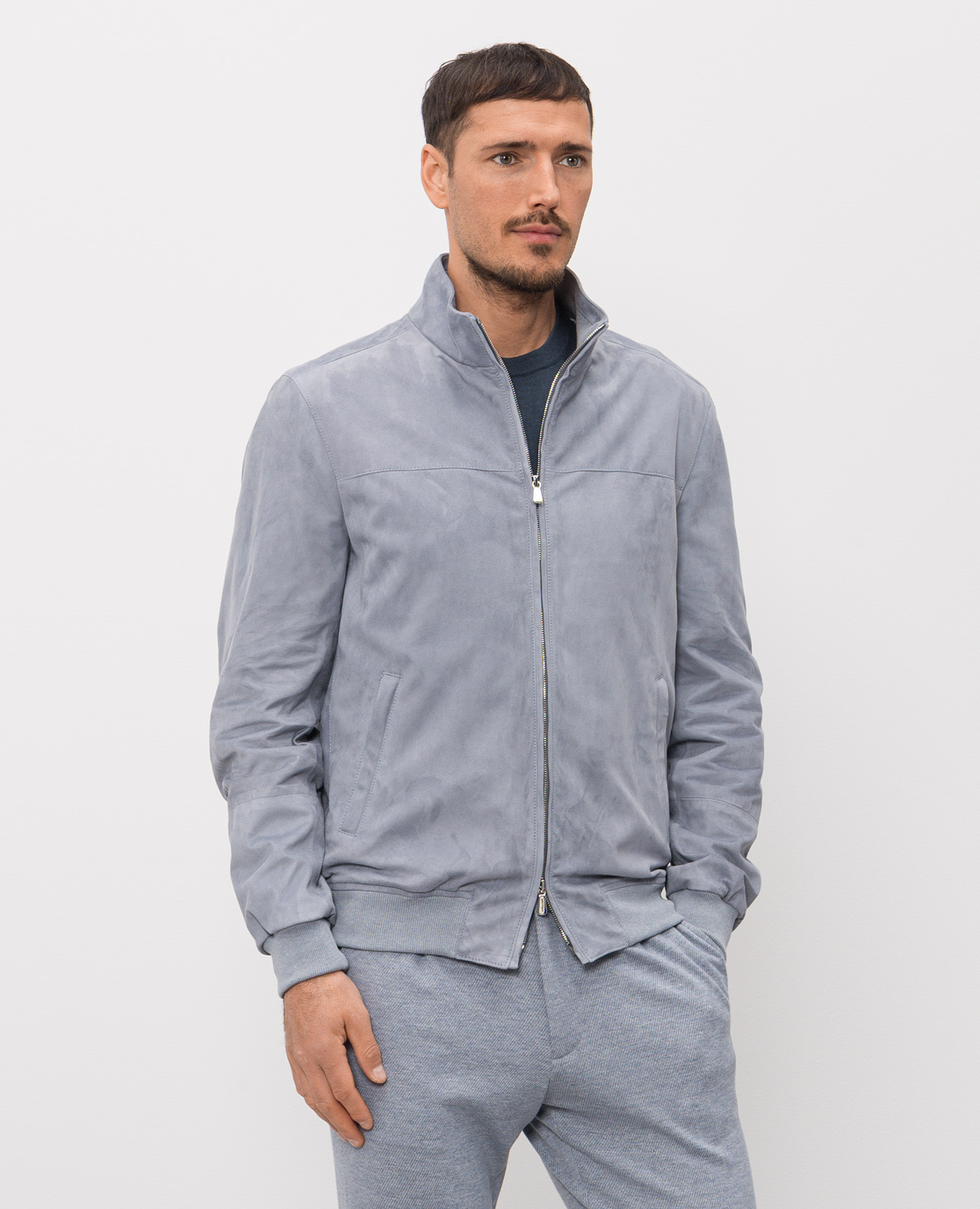 

Blue suede jacket with logo embroidery Enrico Mandelli, Light blue