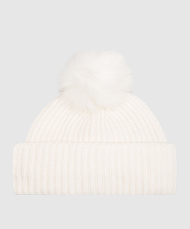 Ivory cashmere hat with fox fur pompom
