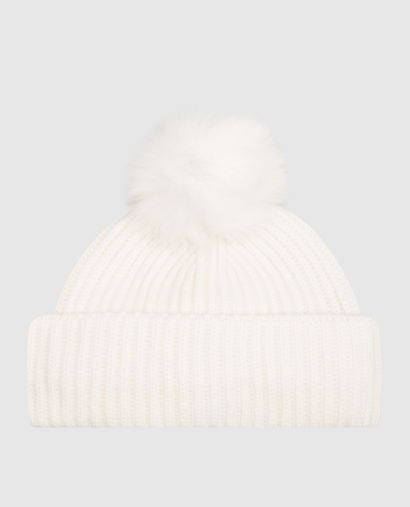 Ivory cashmere hat with fox fur pompom