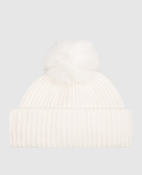 Yves Salomon Ivory cashmere hat with fox fur pompom 23WAA524XXMACA