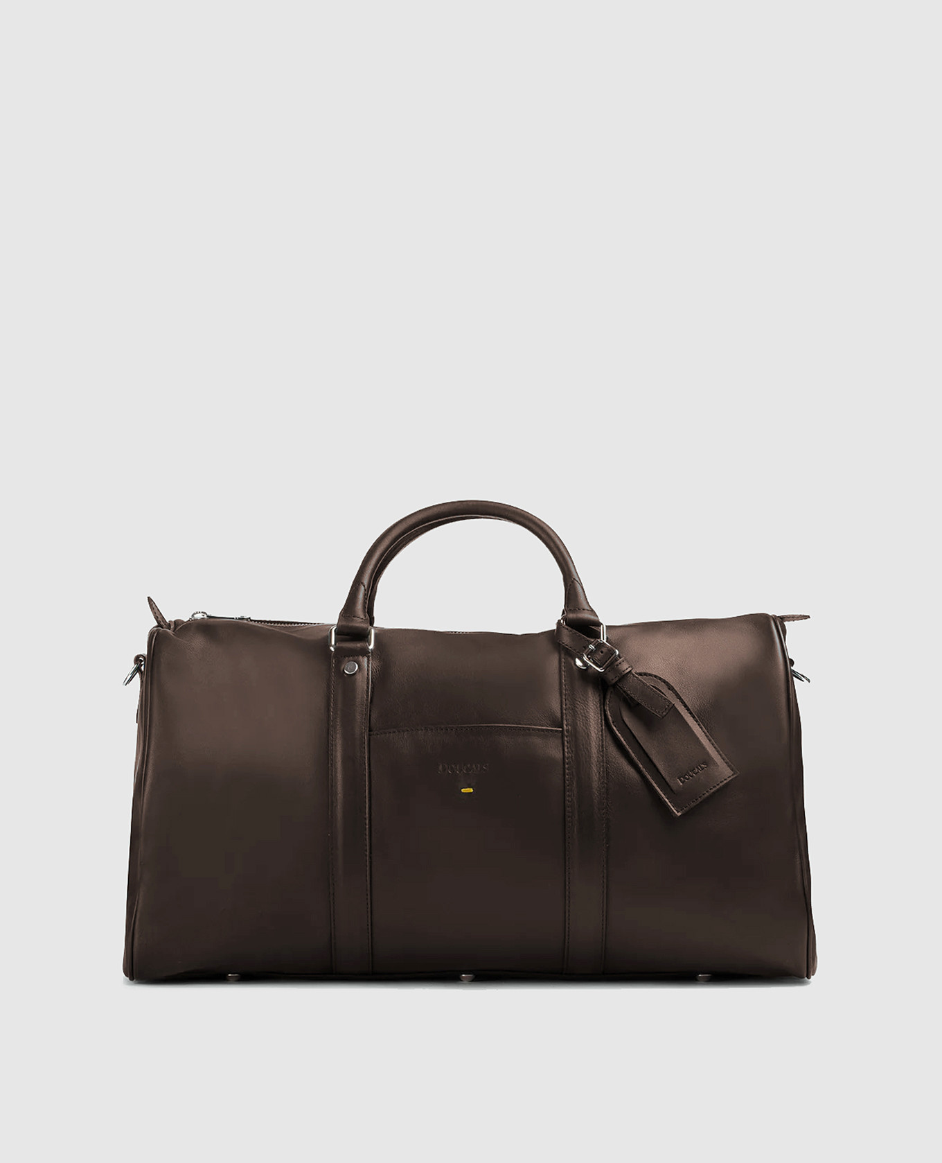 Brown leather travel bag with embossed logo