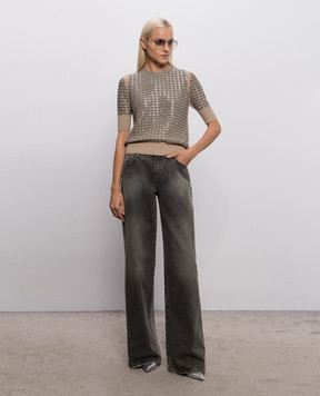 Ermanno Scervino Beige short-sleeved sweater in wool with crystals D495L322CTEJY