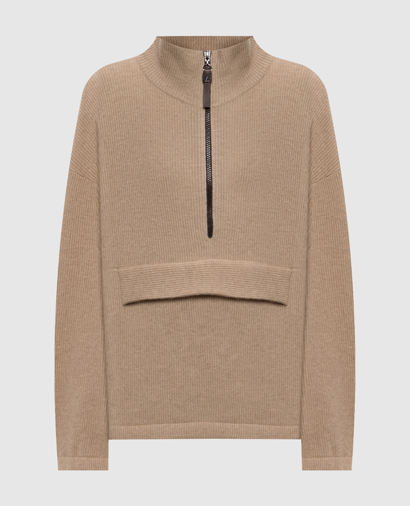 Beigefarbener Kaschmirpullover mit Reißverschluss