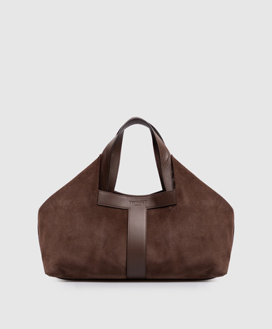 Brown suede tote bag with logo embossing