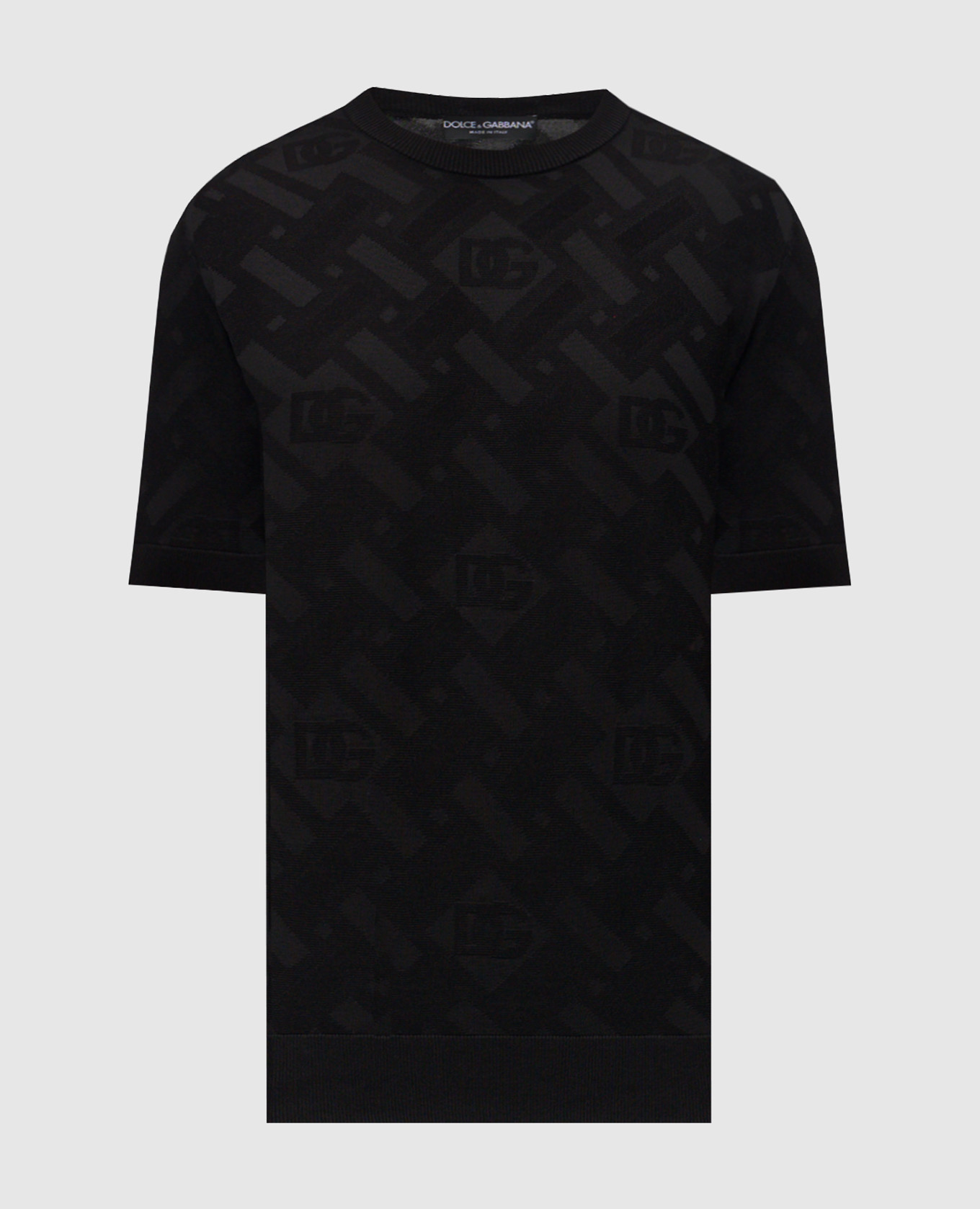 Black silk T-shirt with logo pattern