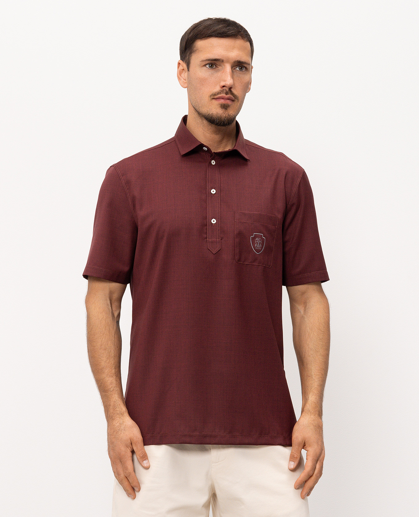 Burgundy wool polo shirt with logo print Brunello Cucinelli 3