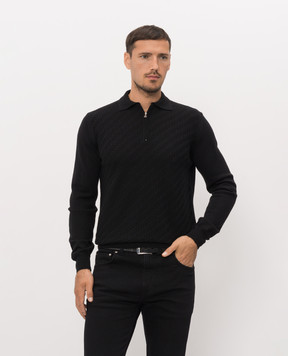 Cashmere&Whiskey Black merino wool polo shirt with pattern 1034