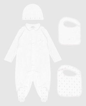 Brunello Cucinelli Children's white set of overalls, hat and bibs BL824ST02R