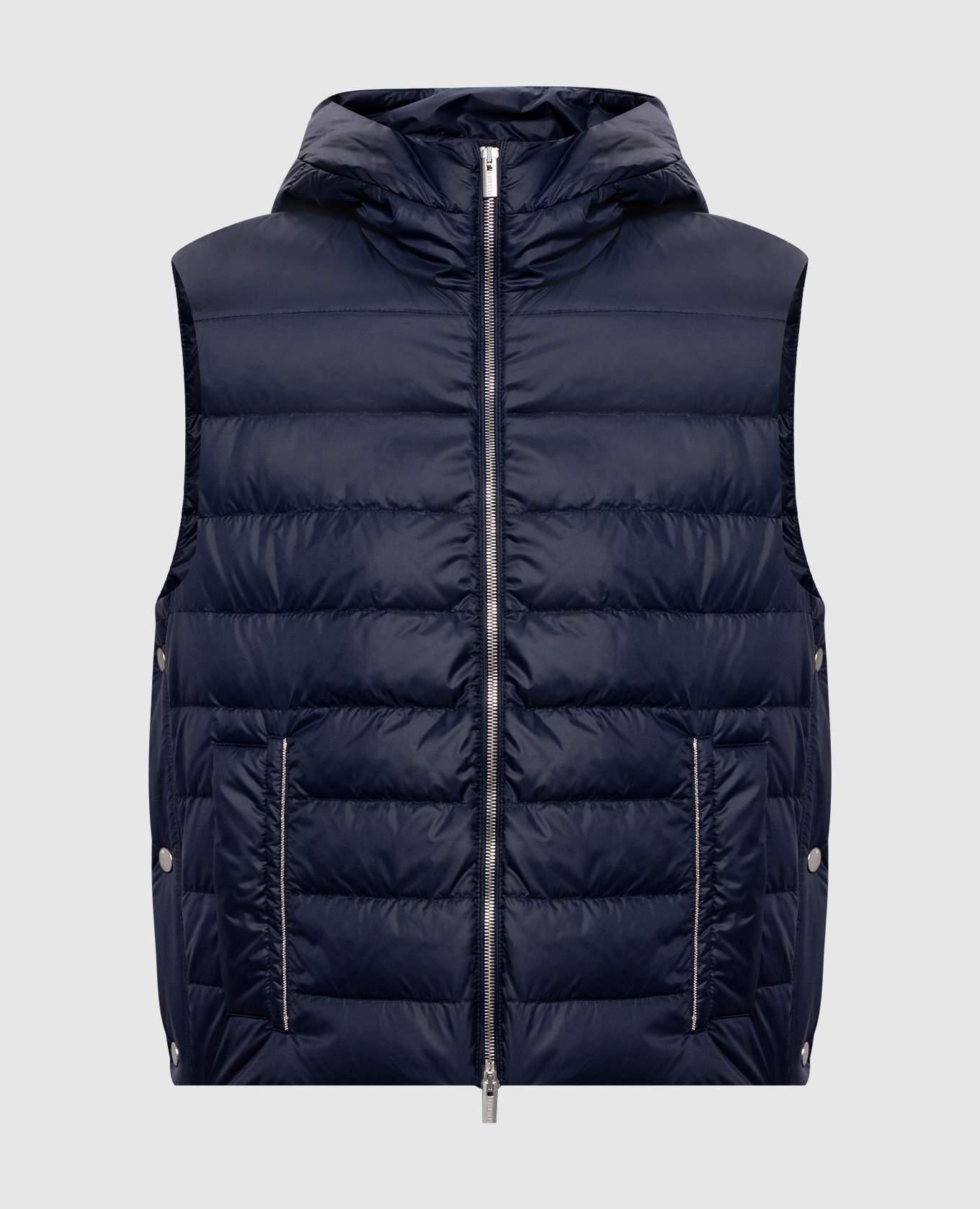 Blue down vest with monil chain