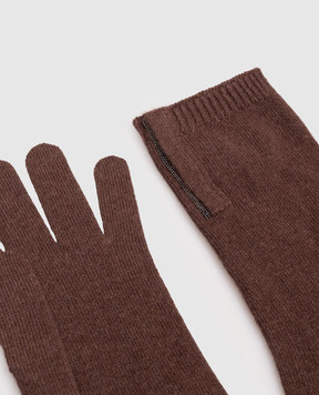 Brunello Cucinelli Brown cashmere gloves with monil chain M12147189