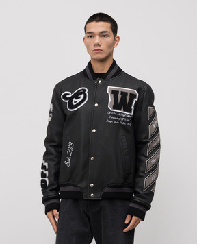 Off-White Black leather bomber jacket with logo 44MJA122C9L004