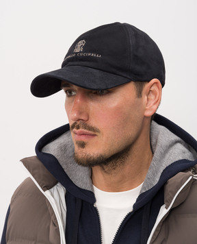 Brunello Cucinelli Blue suede cap with logo embroidery MPCLF9850