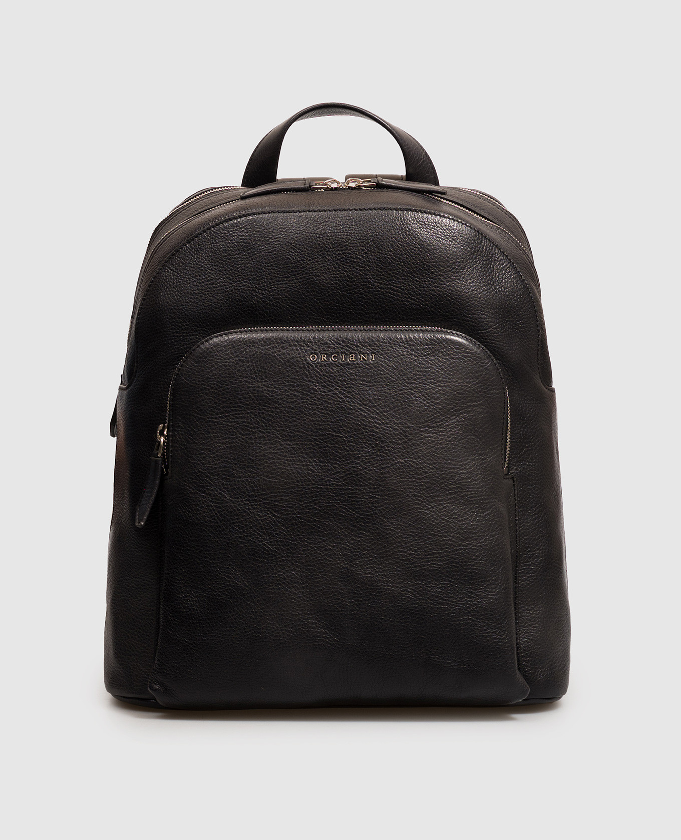 Black leather backpack with textured logo