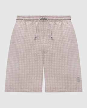 Brunello Cucinelli Beige patterned swim shorts with embroidered logo MR847043P