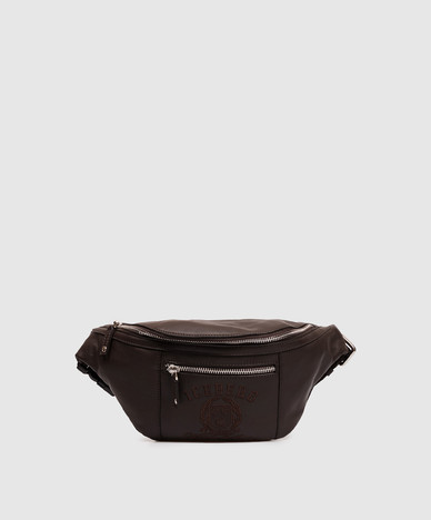 Brown leather belt bag with embroidery