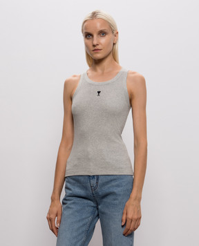 Ami Paris Grey ribbed T-shirt with embroidered emblem FTP811JE0117