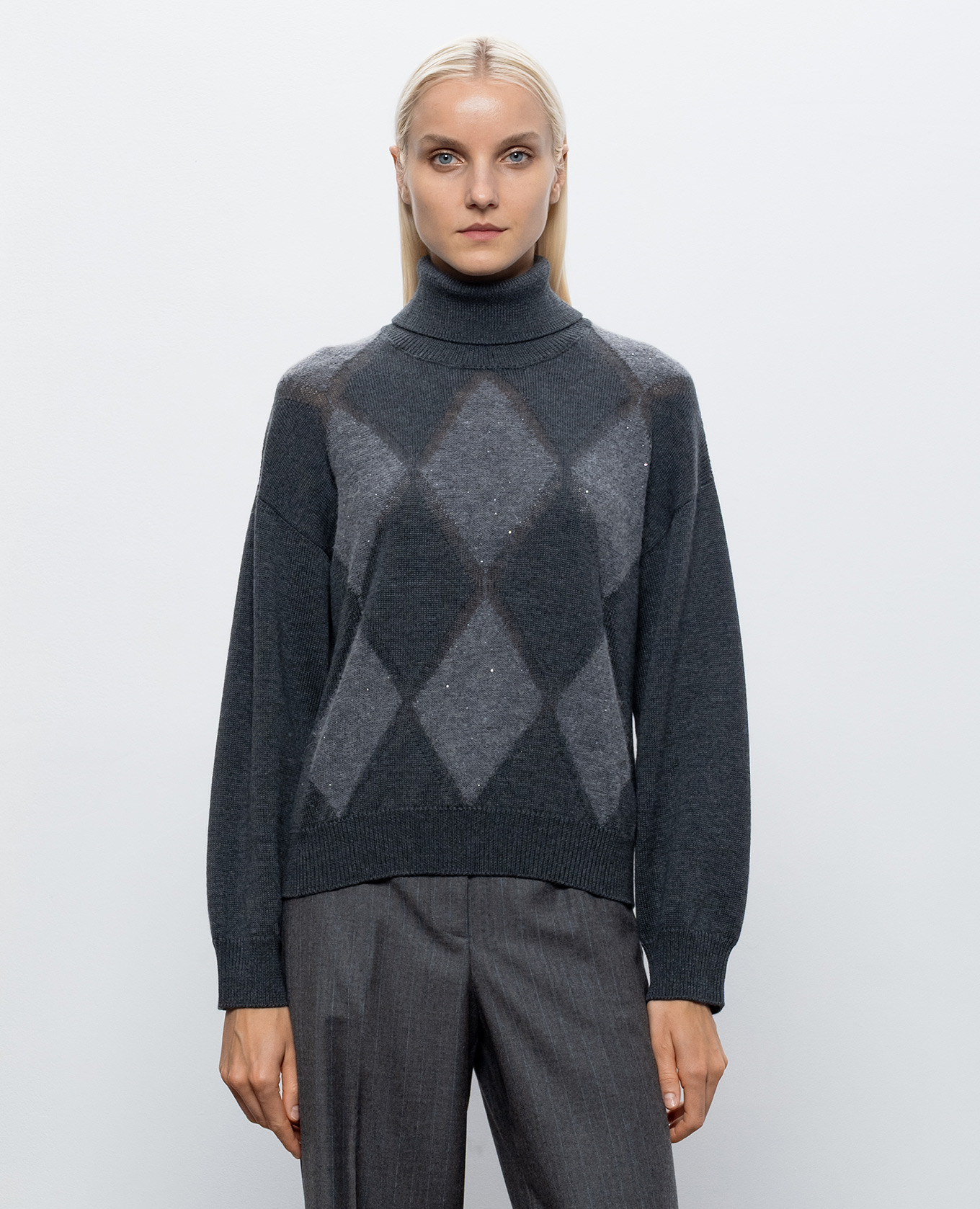 Gray wool sweater with geometric pattern Peserico 3