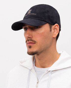 Brunello Cucinelli Suede blue cap with logo embroidery MPCLF9850