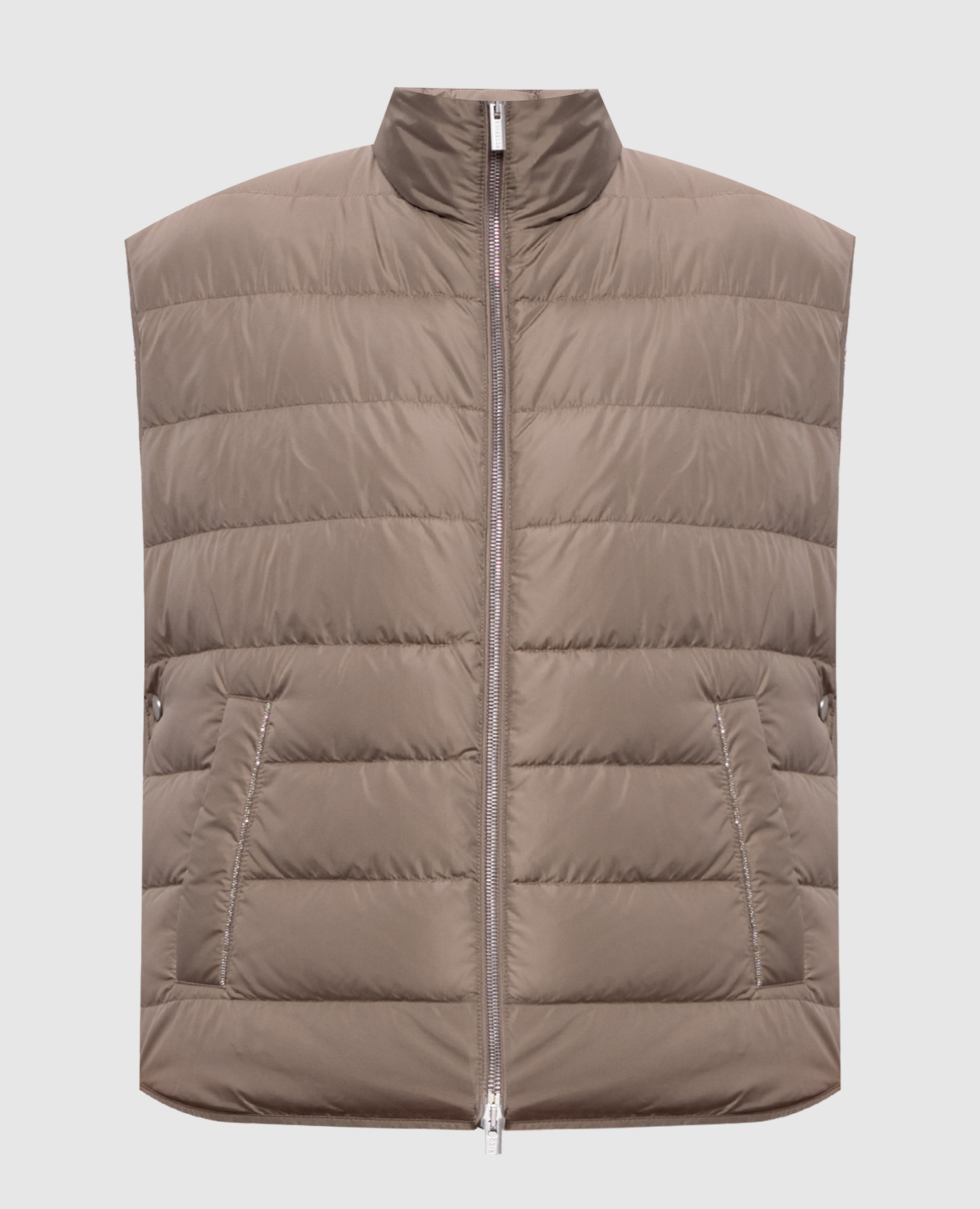 Brown down vest with monil chain