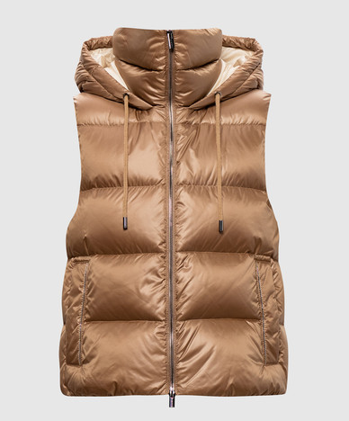 Brown down vest with monil chain