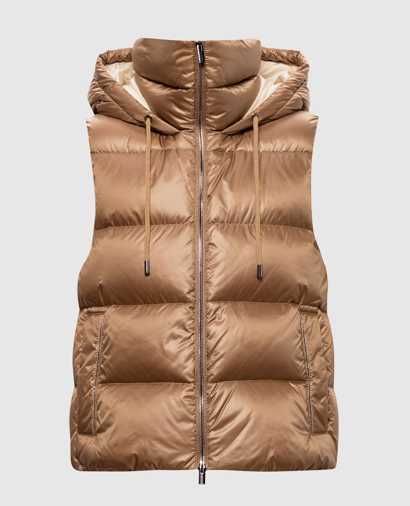 Brown down vest with monil chain