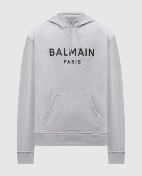 Balmain Grey melange hoodie with logo print GH1JR007BD46