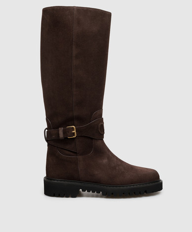 Braune Wildlederstiefel mit V-Logo