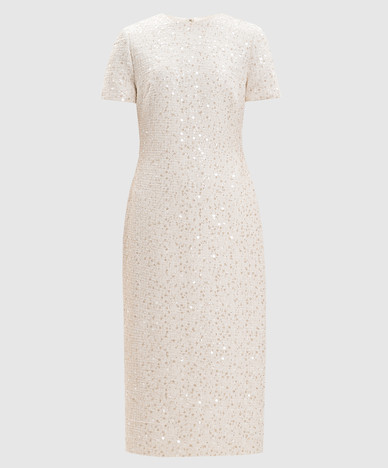Ivory sequined tweed sheath dress