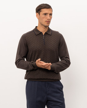 Stefano Ricci Brown cashmere and silk polo shirt with geometric pattern K606438P30F26324