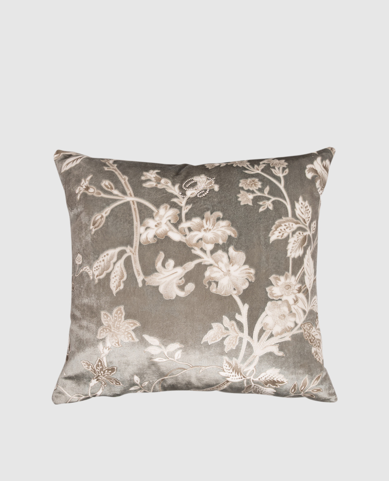Gray decorative velour pillow with Swarovski crystals 42x42 Blumarine Home