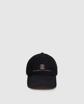 Brunello Cucinelli Blue suede cap with logo embroidery MPCLF9850