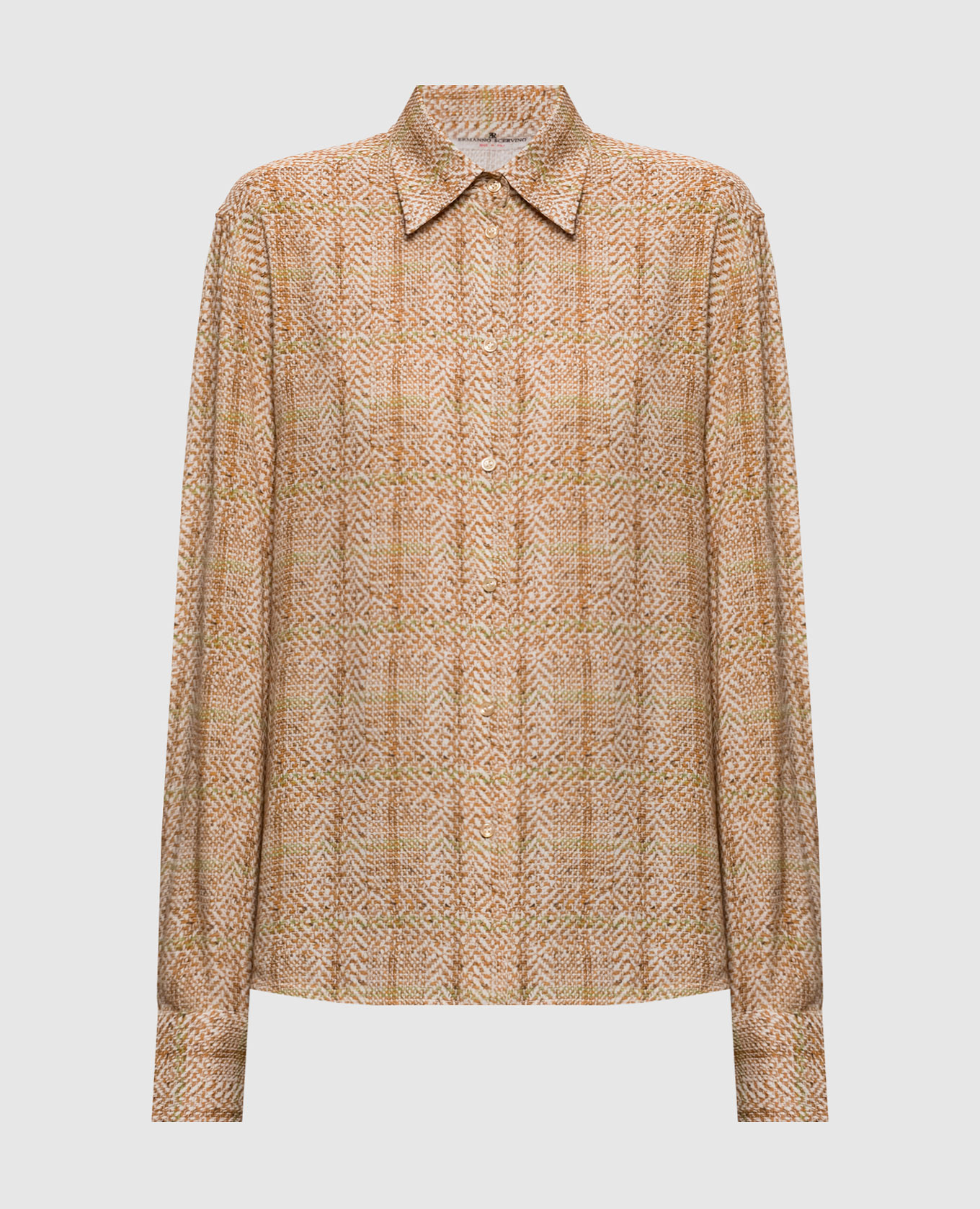 Bruine zijden blouse met geometrische print.