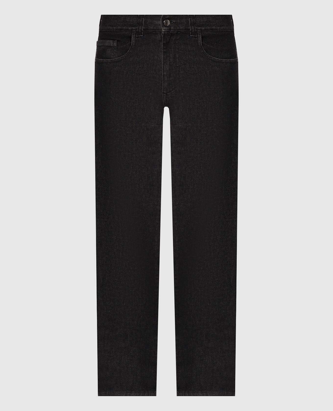 Black jeans with leather logo patch