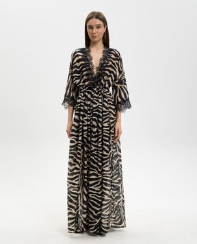 Ermanno Scervino Life Black animal print kimono maxi dress with lace D484Q702YAJI