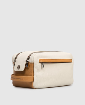 Brunello Cucinelli Beige leather toiletry bag with logo print MWATBU334