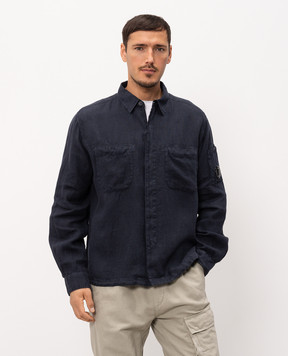 C.P. Company Blue linen shirt with logo patch MSH259A110533G