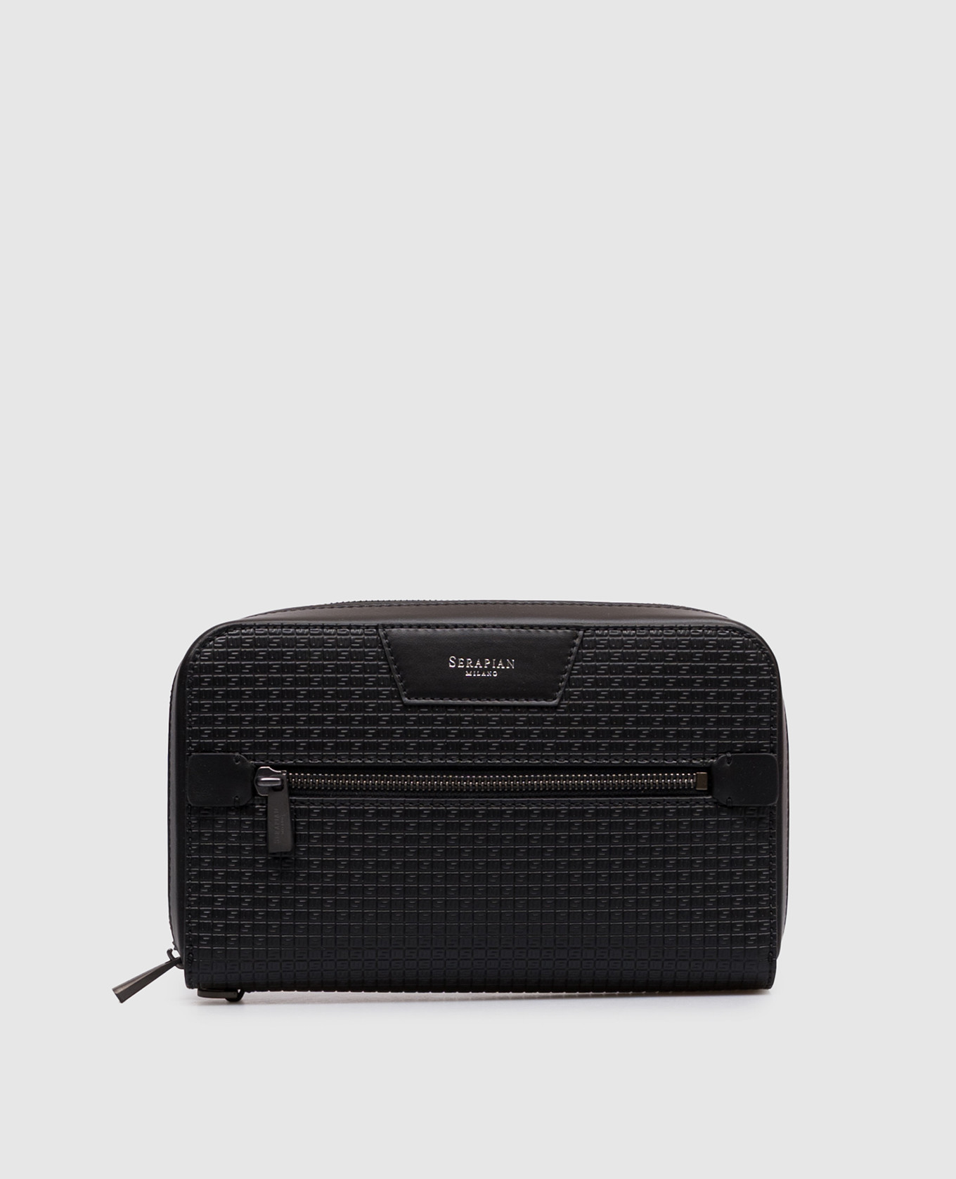 Black leather clutch with logo print