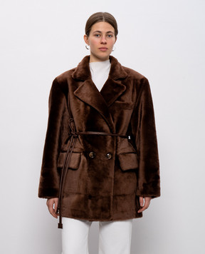 Babe Pay Pls Brown double-breasted sheepskin coat with belt 2526MERINO