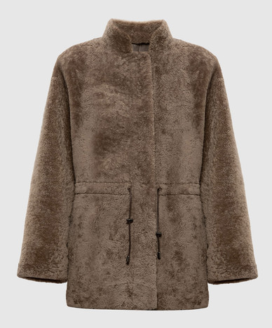 Reversible sheepskin coat with drawstring in brown