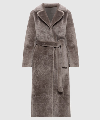 Gray reversible sheepskin coat with belt