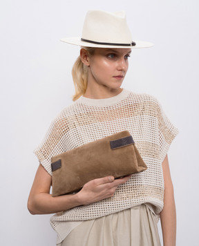 Brunello Cucinelli Brown suede clutch with monil chain MBDLD2785
