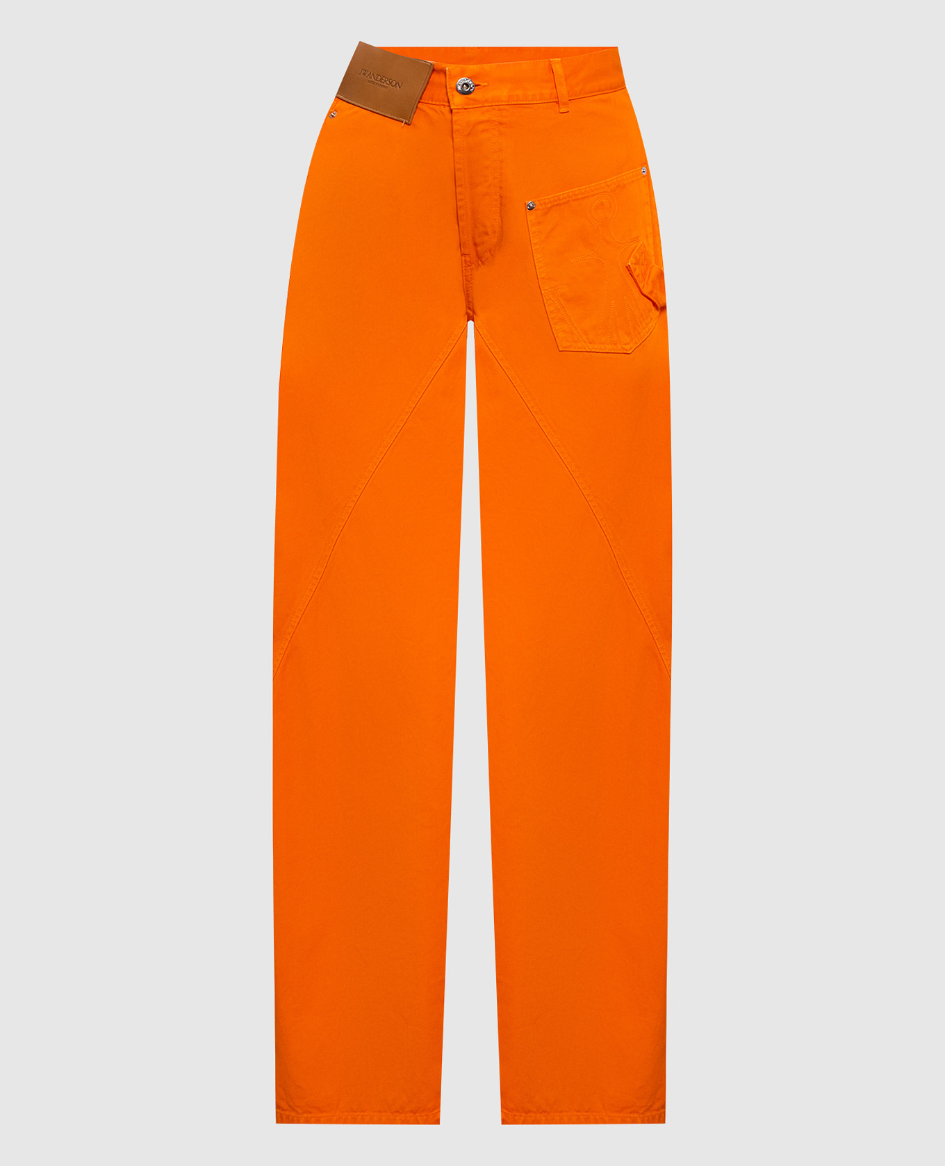 Orange jeans with logo patch