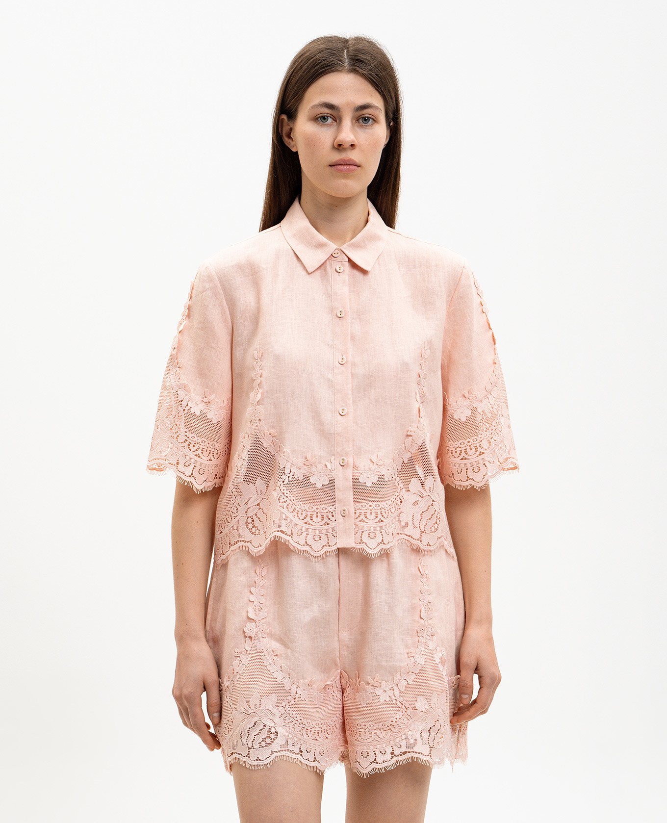 

Pink cropped linen blouse with lace Twinset