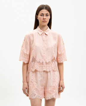 Twinset Pink cropped linen blouse with lace 261TT2181