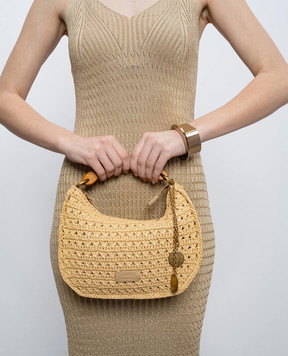Twinset Beige Croissant Raffia Hobo Bag with Logo Patch 261TB7381